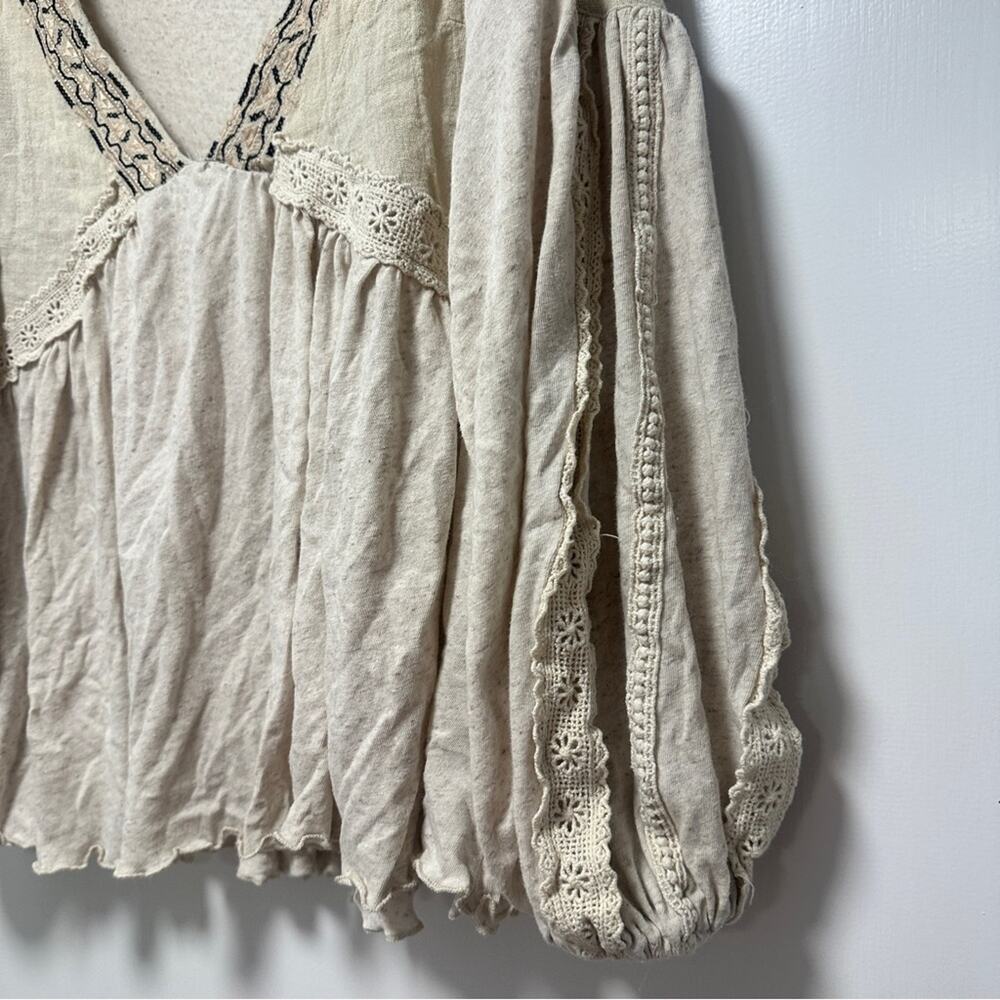 Miss Me Linen Babydoll Lace Embroidered V-Neck Top Flowy Coastal Cowgirl - Picture 5 of 9
